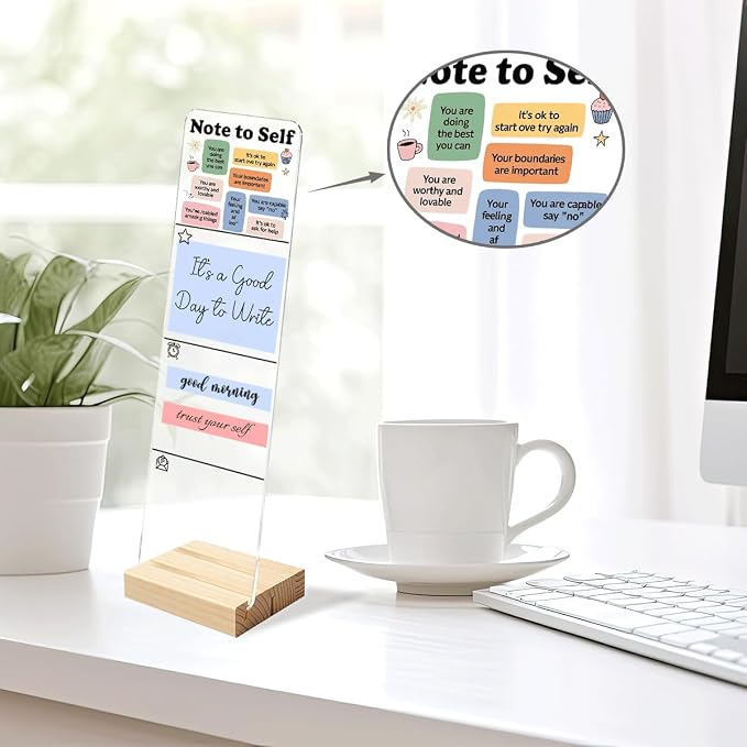 Sticky Notes Monitor Memo Board Acrylic Holder with Removable Wooden Base, Note to Self Positive Affirmations Logo Desk Set with 200 Sheets Two Sizes Sticky Notes, Office Desk Accessories Organizer