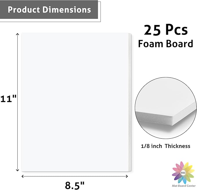 Mat Board Center, Pack of 25 Foam Core Backing Boards 1/8" (8.5x11, White)
