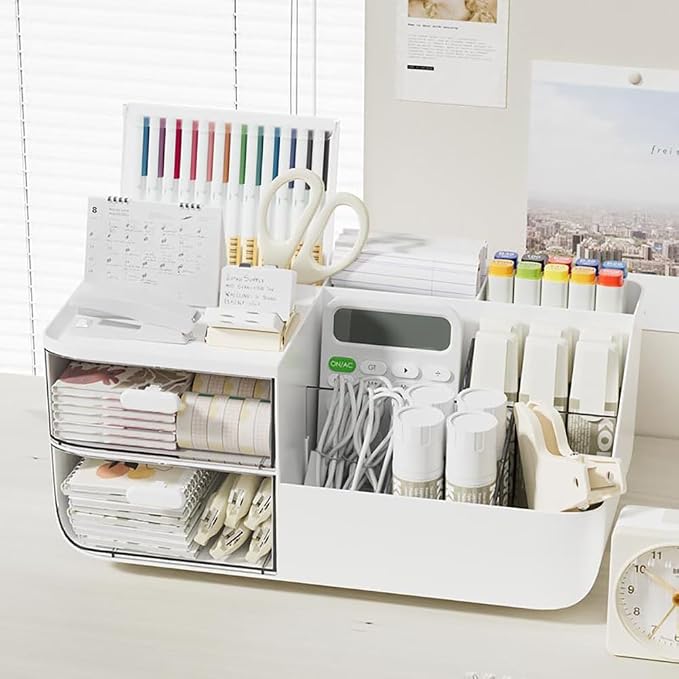 Drawer Organizers Accessories with 7 Compartments and 2 Drawers, Large Capacity Cosmetic Display Case, Pen Holder, Art Supply Storage Box Caddy for Office School and Home