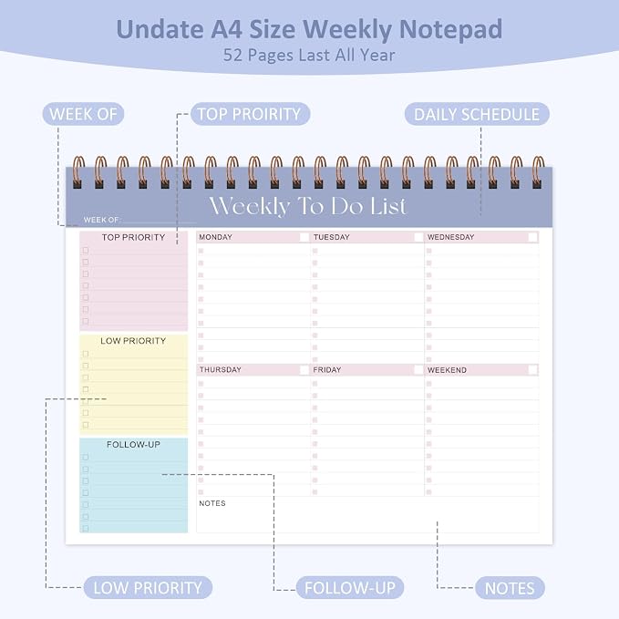 Weekly To Do List Notepad, 52 Sheets, Undated Weekly Planner, Letter Size | 8.5"x11", 100GSM, Thick Paper, Twin-Wire Spiral Bound, Tear Off Desk Pad, For Women & Man, Home School & Office Work