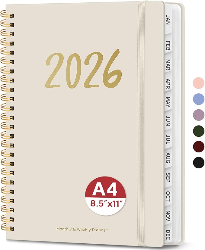 2026 Planner - Weekly and Monthly Planner, January 2026 to December 2026, Spiral Bound 2026 Calendar Planner Book, Inner Pocket, Perfect for Office Home School Supplies - A4 (8.5" x 11"), Beige