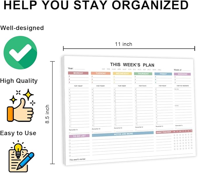 (3-Pack) Weekly Planner Undated - Tear Off Weekly To Do List Notepad with Premium 52 Sheets, Desk Supplies for Women & Man, Home, School & Office, 8.5'' x 11'', Colorful