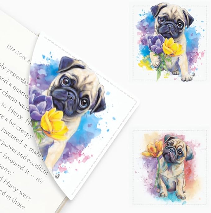 2PCS PU Leather Bookmarks 3.5x3.5 Inch Pug Yellow Flower Design | PU leather bookmarks with pug yellow flower design for novels, journals, planners, pet lovers, students and book fans