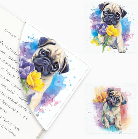 2PCS PU Leather Bookmarks 3.5x3.5 Inch Pug Yellow Flower Design | PU leather bookmarks with pug yellow flower design for novels, journals, planners, pet lovers, students and book fans