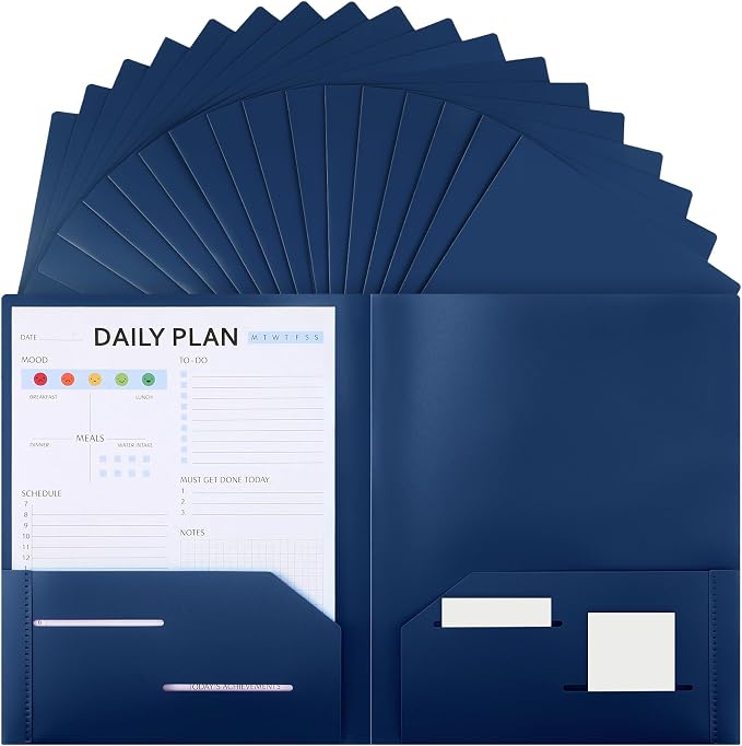 Fulmoon 48 Pack Plastic Folders with 2 Pockets Bulk 11 x 9 Inch Heavy Duty File Pocket Folders and 4 Card Slots Fit Letter Size Paper Cards for Back to School Office Home Supply(Navy Blue)