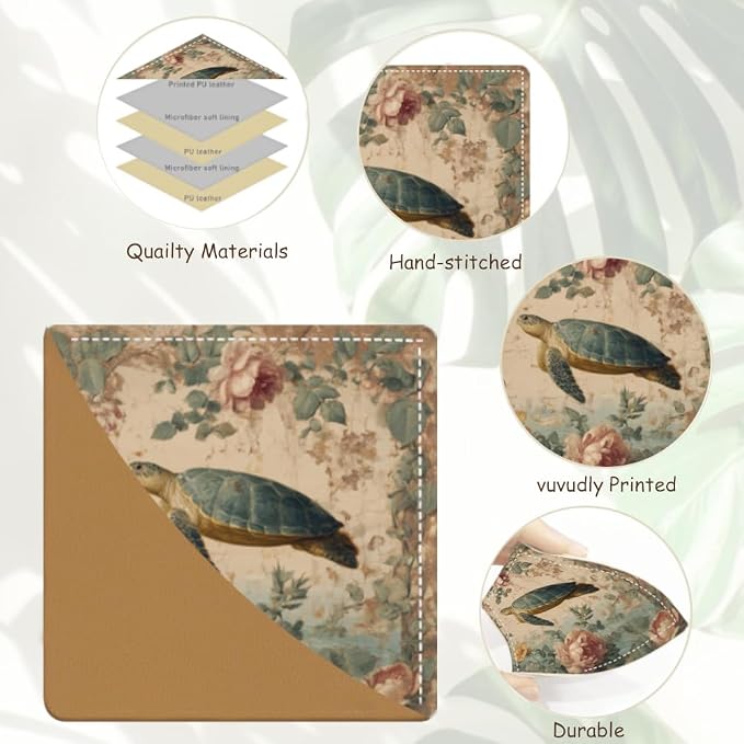 2PCS PU Leather Bookmarks 3.5x3.5 Inch Turtle Floral Garden Design | PU leather bookmarks for books with turtle floral garden design for nature journals, reading clubs and animal lovers.