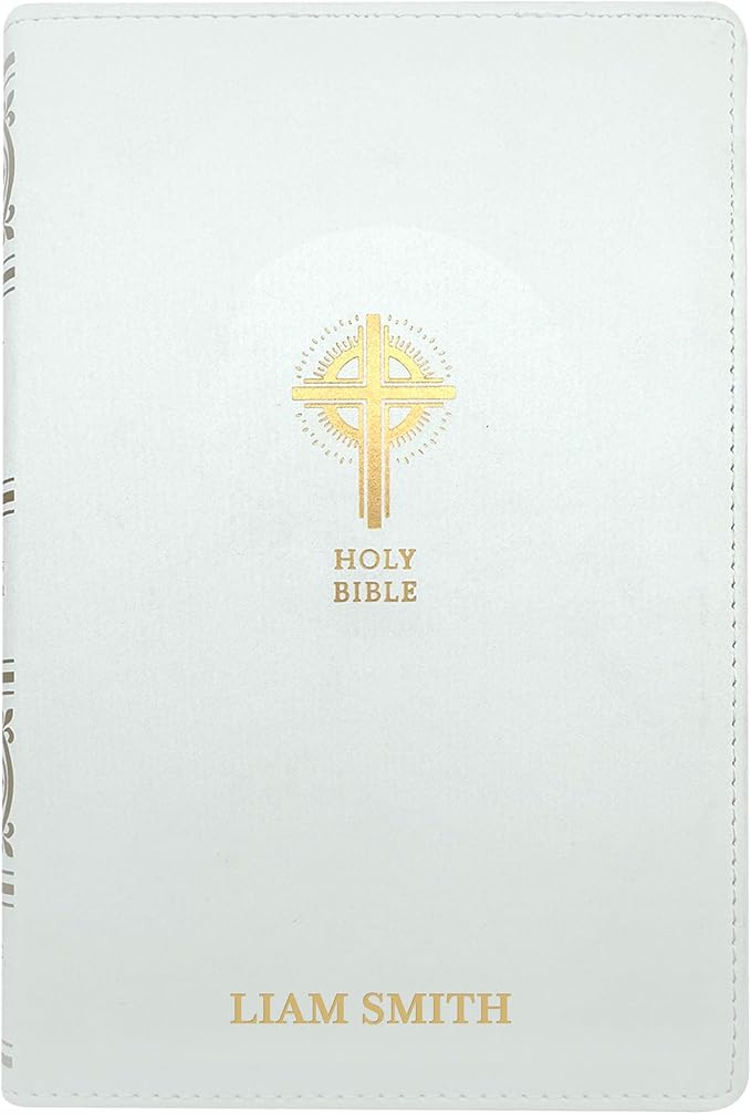 Custom NRSV Catholic Edition Faux Leather Holy Bible with Sacraments of Initiation | Medium Text | Engraved in Washed Gold | Personalized Catholic Bible in White