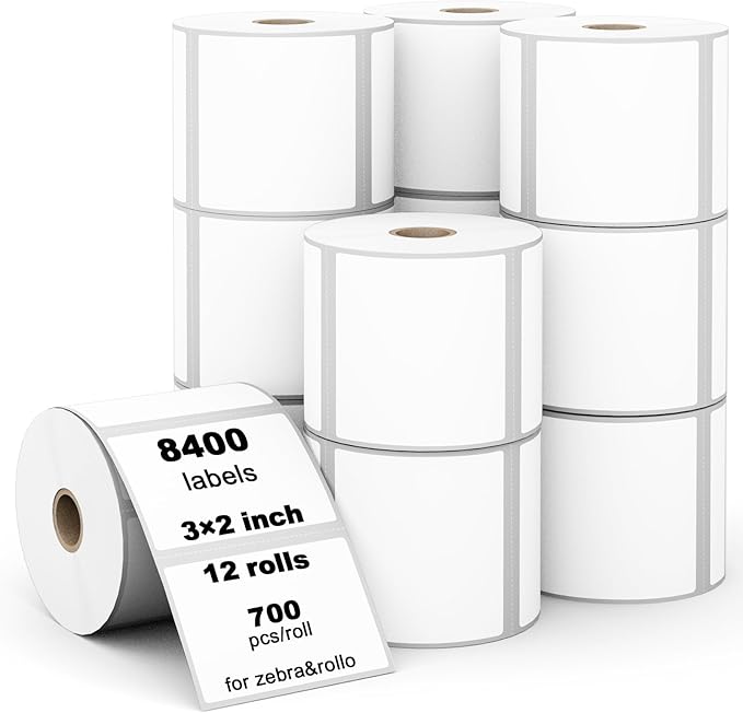 (8400 Pcs/3-Proof 1" Core) Labelebal 12 Rolls 3" x 2" Direct Thermal Label (76mm x 51mm) Multipurpose Shipping Address Mailing Barcodes Labels Compatible for Zebra 2844 & Rollo Desktop Label Printer