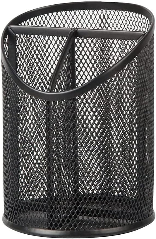 AKOAK Metal Net Pen Holder, Black 3 Compartments Pencil Organizer, Makeup Brush Organizer, for Office, Home, School, Desktop Organizer - Pack of 1