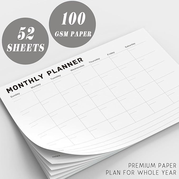 Monthly Planner Notepad - Undated Monthly Planner with 52 Sheets Monthly Calendar Notepad,Desk Planner for calendars, planners & organizers,A4,8" x 11",52 Sheets
