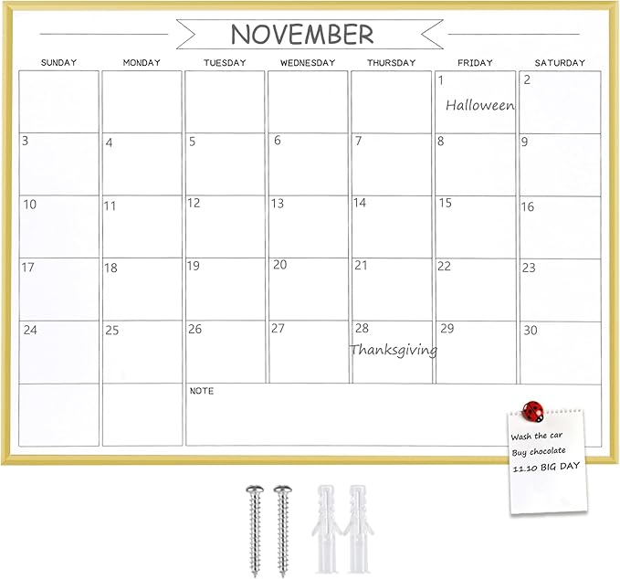 Dry Erase Monthly Calendar Whiteboard, 13"x 17" Gold Aluminum Frame, Magnetic White Board for Wall Office/School/Home, Hanging Board for Decoration/Kitchen Grocery List