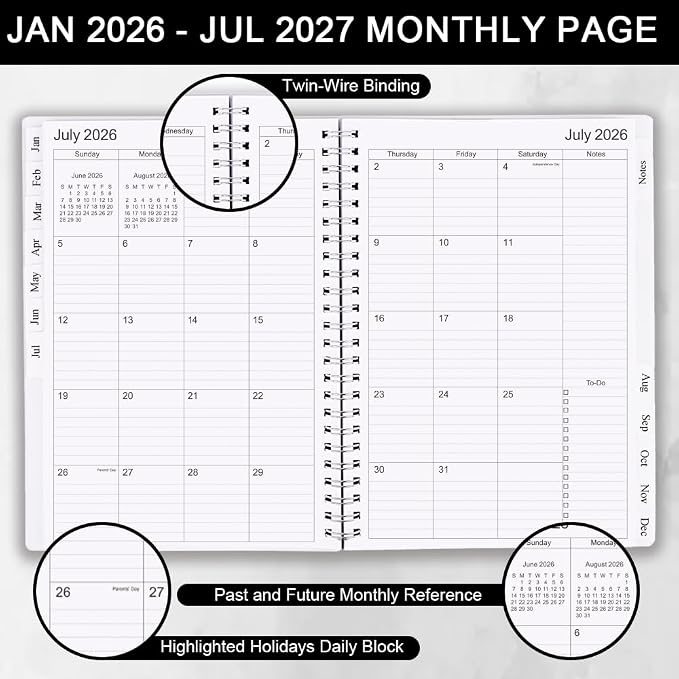 Cheericome Planner 2026-2027, Monthly Weekly Planner Runs January 2026 to June 2027, 26-27 Planners with PP Cover and Elastic Bond, 18 Month, Black Monthly Planner Calendar