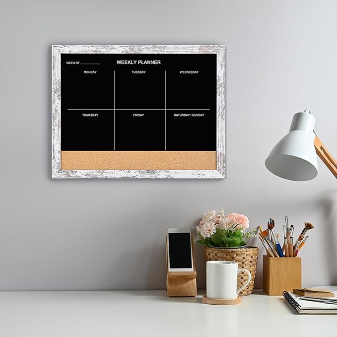 ZHYL Magnetic Weekly Calendar & Memo Board, Combination Chalkboard & Cork Board, Whitewashed Wood Framed Calendar (ZHYL-WH,4333)
