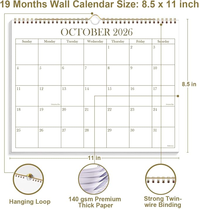 2026-2027 Calendar - 2026-2027 Wall Calendar from June 2026 - December 2027, 19 Months Calendar with Premium Paper, Twin-Wire Binding & Hanging Hook, 8.5" x 11", Golden