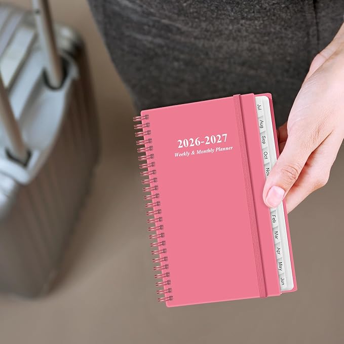2026-2027 Pocket Planner/Calendar - 2026 Planner from July 2026 - June 2027, Planner 2026-2027 with 12 Tabs, Twin-Wire Binding, Inner Pocket, 3.75" x 6.75, Pink