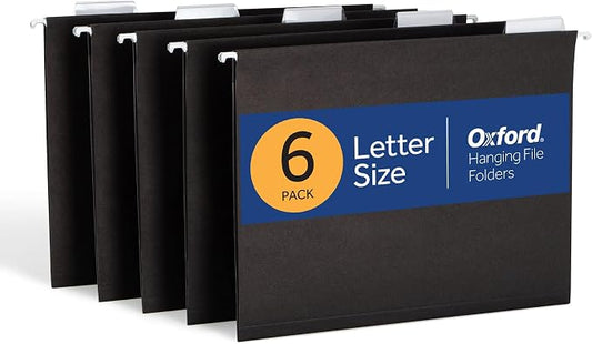 Oxford Hanging File Folders, 6 Pack, Letter Size (8.5" x 11"), Black, 1/5 Cut for 5 Tab Positions, Includes Tabs and Inserts, Hanging Files for Office and Document Organization
