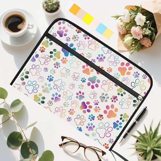 WEBEEDY Colorful Paw Prints Expanding File Folder 13 Pockets Cute Accordion File Organizer with Labels and Zipper, Portable Accordion Folder Paperwork Organiser for A4 Paper Document Photo Receipt