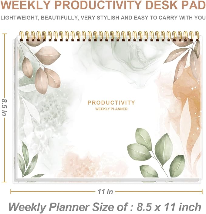 Weekly Productivity Planner - 8.5" x 11" Dashboard Desk Notepad Has 6 Focus Areas to List Tasks for Goals, Projects, Clients, Academic or Meal-Organize Your Daily Work Efficiently, 54 Weeks, Rose Leaf