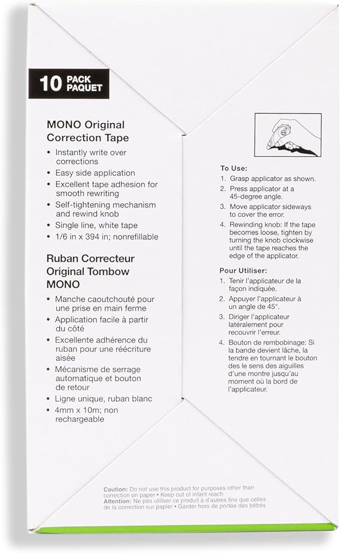 Tombow 68720 MONO Original Correction Tape,. Easy To Use Applicator for Instant Corrections,White,10 Count (Pack of 8)