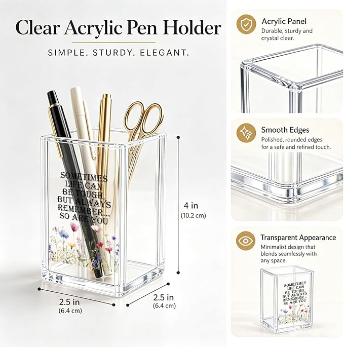 Clear Acrylic Makeup Brush Holder & Pen Holder for Desk - Wildflower Aesthetic Pencil Cup with Motivational Quote - Cute Workspace Organizer, Self-Care Desk Accessories, Gift for Her, Girl Boss