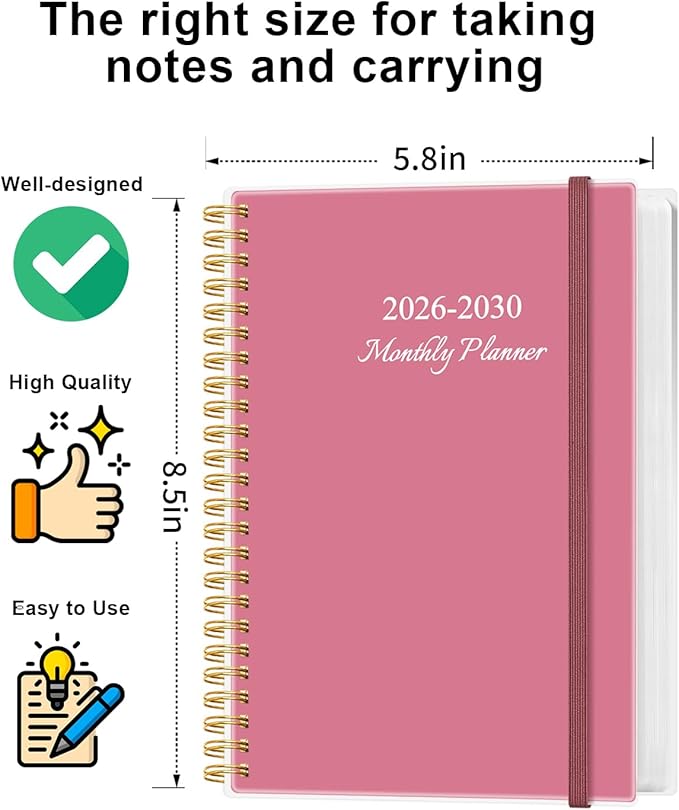 2026-2030 Monthly Planner - 57 Month PLanner Calendar from April 2026 to December 2030, 5 Year Planner 2026-2030 with Flexible Cover, Inner Pocket, Perfect for Home | School | Office, 5.8" x 8.5", Pink