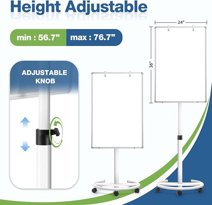 Mobile Whiteboard, 36x24 Magnetic White Board with Stand, Height Adjustable Flip Chart Easel, Dry Erase Standing Whiteboard for Office, Teaching