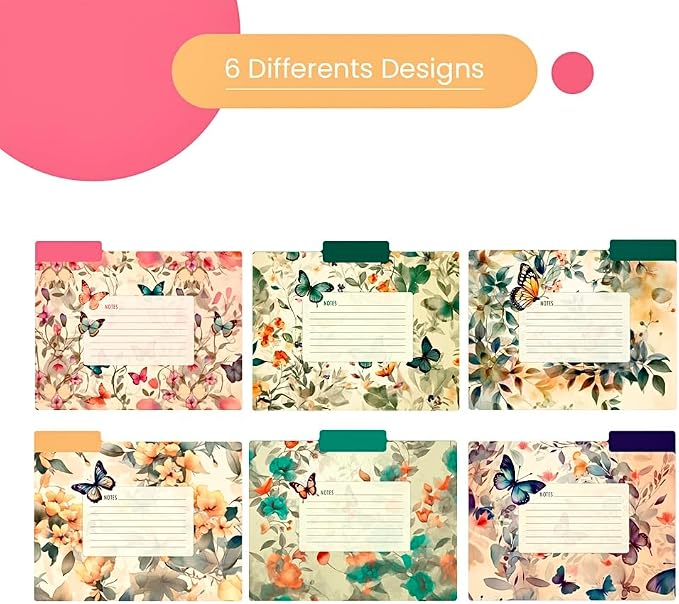 12pcs Decorative File Folders Letter Size, Butterfly Design Folders with Notes, Cute File Office Folders with Floral Patterns, 1/3 Cut Tab, Matte Paper Archival File Folders