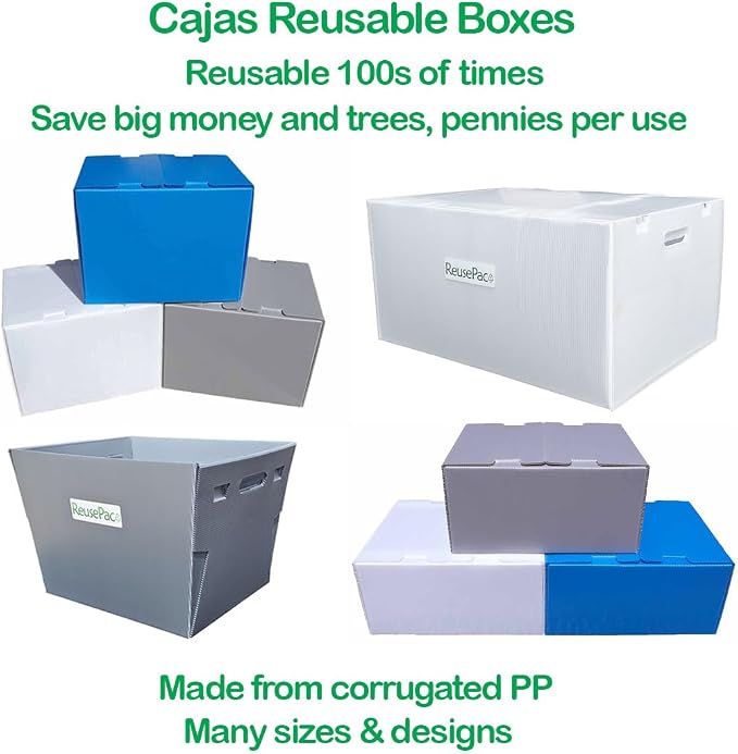 Reusable Foldable Box Corrugated PP Lightweight, Storage Moving Mailing, Heavy Duty Stackable, Tape Free Self-Locking Lid for Business Home (Gray, 24x16x12 in)