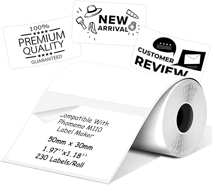 Thermal Labels Compatible with Phomemo M100/M110/M150/M221/M220/M120/M200/M250 Label Printer,1.97"x1.18"(50x30mm), 230 Labels/Roll, Black on White