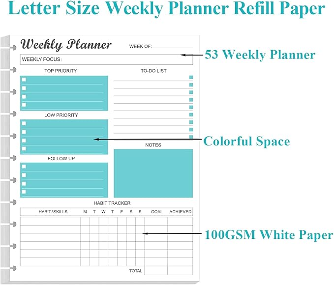 Weekly Planner Undated Refills - Letter Size 53 Sheets/106 Pages Weekly Planner for 11-Disc Discbound, TUL, 100 gsm White Paper, Lasts 1 Year, Undated, 8.5" x 11", Teal
