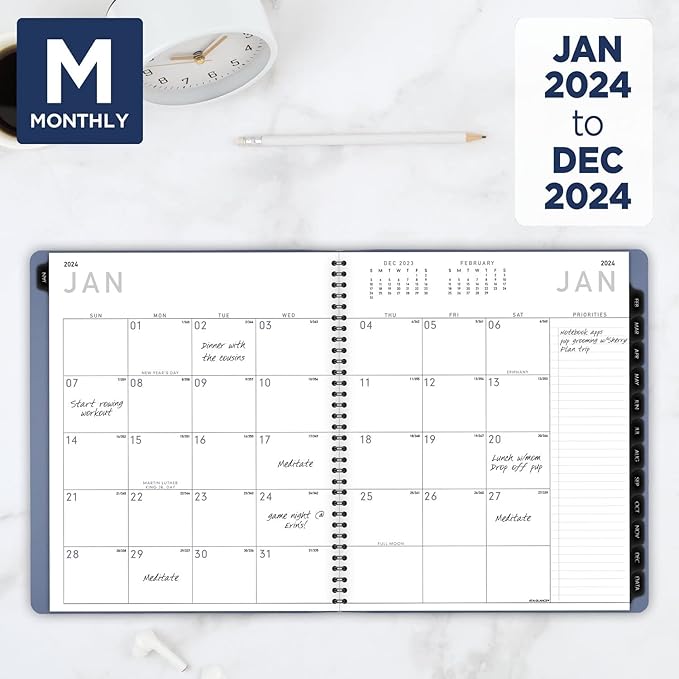 AT-A-GLANCE 2024 Monthly Planner, 9” x 11”, Large, Monthly Tabs, Pocket, Faux Leather, Contemporary, Slate Blue (70250X2024)