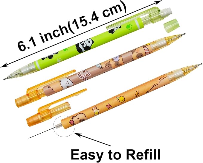 Maydahui 12 Pcs 2B 0.5 mm Cute Cartoon Capybara and Panda Mechanical Pencils With Eraser and 100 Pcs Lead Refills For Drawing Homework Stationery Supplies