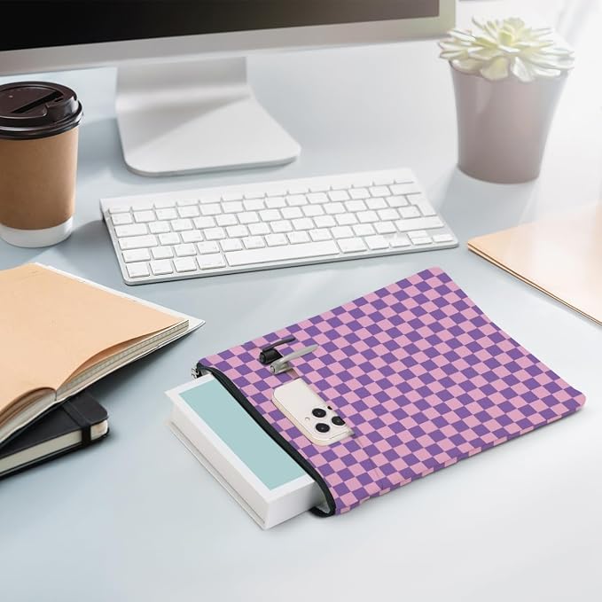 Purple Plaid Book Lovers Gifts Book Sleeve Vintage Checkered Waterproof Book Cover Book Pouch Book Protector with Front Pocket Book Club Christmas Birthday Gifts for Women Girl Sister Book Accessories