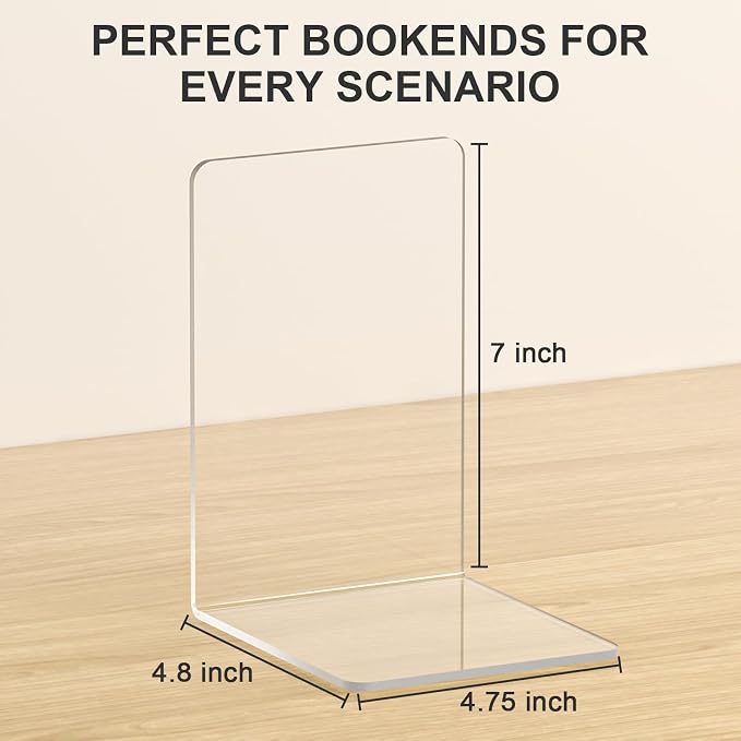 VFINE Acrylic Bookends 8 Pieces, Book Ends for Shelves, Clear Bookends for Shelves Decor Book Ends for Desktop Organizer, Book Stopper for Home Office School Supplies, 7 * 4.8 * 4.75 inch