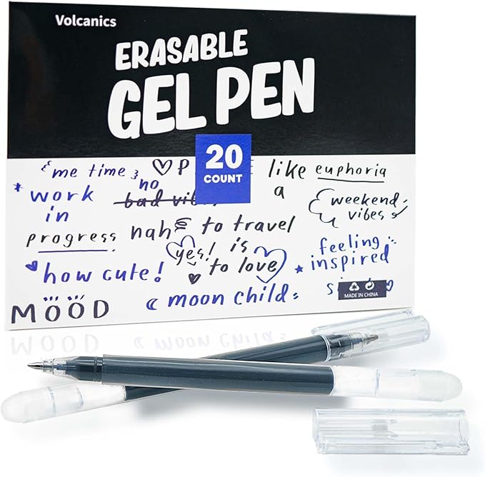 Volcanics Black Erasable Gel Ink Pens 20 Pack – Smooth Writing Heat Erasable Gel Pens with Cap, No Refill Needed, No Smudge, Ideal for School, Office, Journaling, Sketching, Note Taking