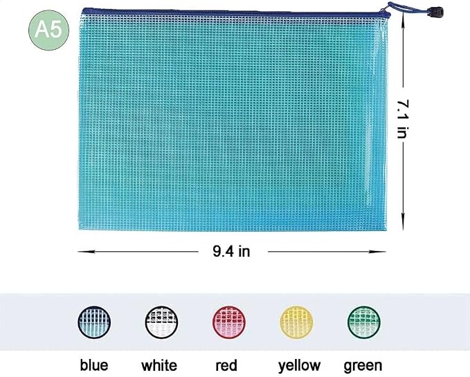 10 Pcs Mesh Zip File Bags, Waterproof Tear-Resistant Plastic Document Folders, A5 Zipper Documents Pouch Document Organizer Bags for School Office Home Travel Storage(9.4 x 7.1 Inches Multicolor)
