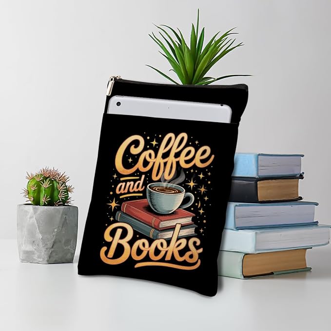 Drink Coffee Read Books Book Sleeve, Book Lovers Gifts Sleeve with Zipper & Front Pocket, 11.4x8.8 Inch Canvas Books Cover Protector Bookish Gifts for Readers Librarian Women Teacher