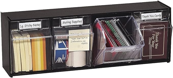 Deflecto 20404OP Four-bin horizontal tilt bin storage system, 23-5/8w x 6-5/8d x 8-1/8h, black