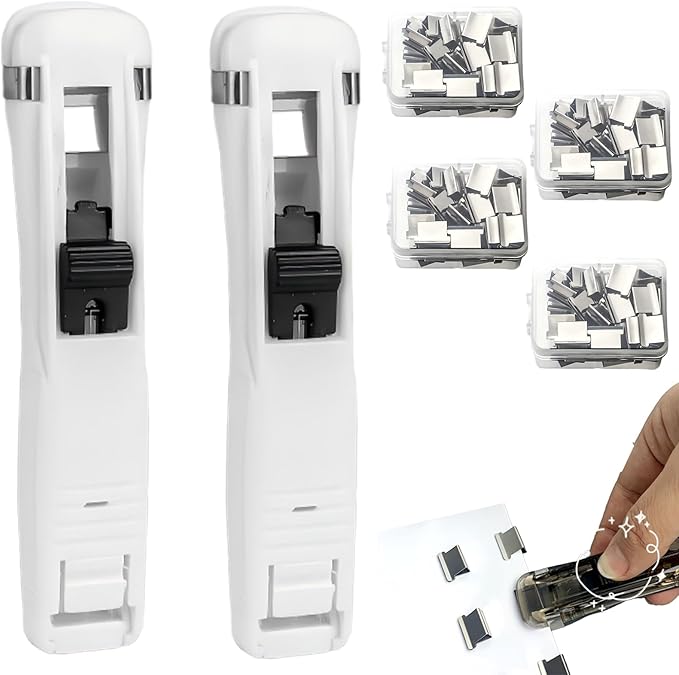 2 Pack Portable Binder Clip Stapler - Damage-Free Paper Clam Clip Dispenser with 200 Reusable Metal Clips, One-Hand Push Fastener Holds 40 Sheets for Office, School & Desk Organization, (White2)