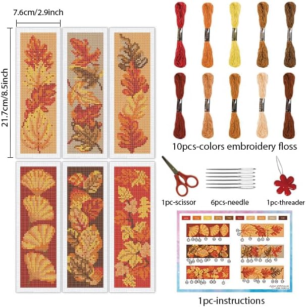 INFUNLY 6PCS Falling Leaf Cross Stitch Bookmark Kit for Adults Autumn Cross Stitch Kits DIY Crossstitch Kits Maple Leaves Stamped Embroidery Bookmark Kit with Instructions for Book Lovers Readers