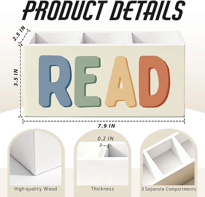 Reading Room Corner Decor Kids Pen Pencil Holder for Desk, Book Lover Reader Gifts, Boho READ Bookish Wooden Box Sign Decorations for Reading Room Nook Home Library Classroom Desk Tabletop