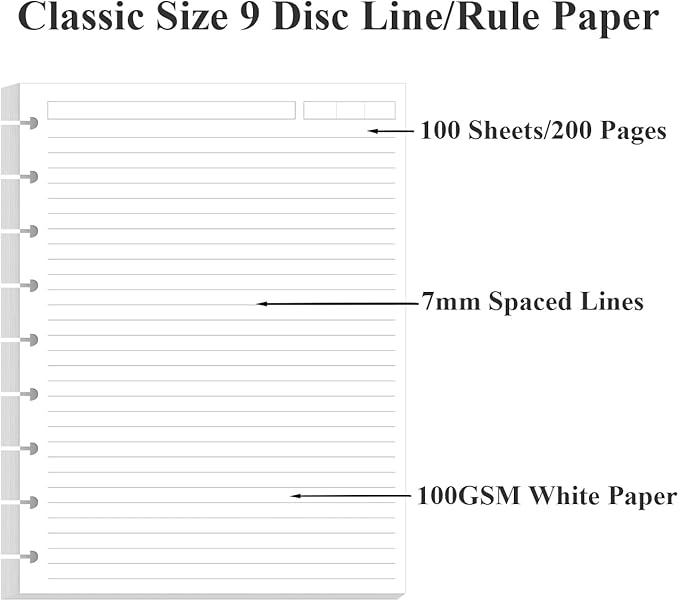 200 Sheets 9-Disc Discbound Lined Refills Paper for Happy Planners Insert, Classic Size Lined Paper, 100gsm White Paper, 7" x 9.25"
