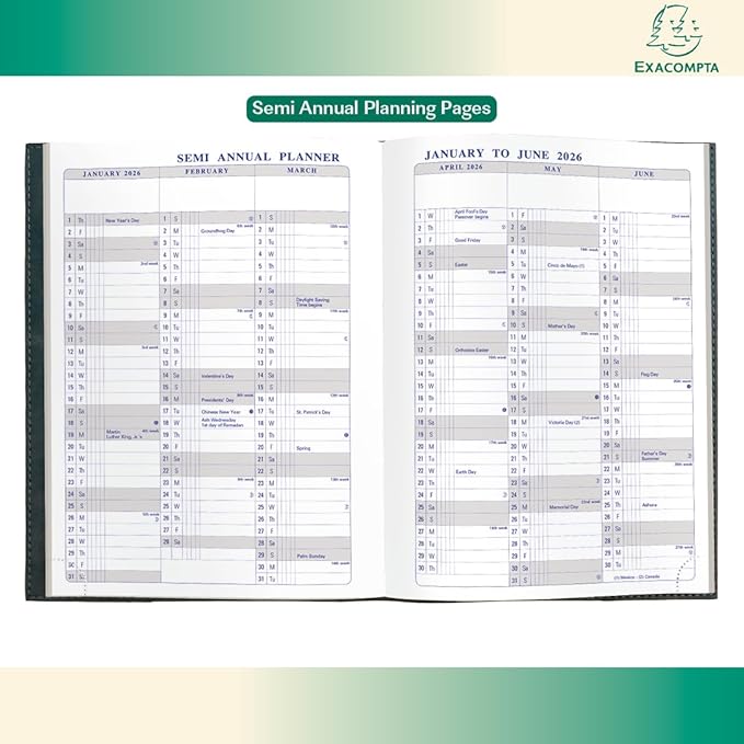 Exacompta 2026 Visual - Weekly/Monthly Planner - 12 Months, Jan. to Dec. - 6 x 8 1/4" - Grained Faux Leather Club Sage Cover- Time Management Appointment Organizer