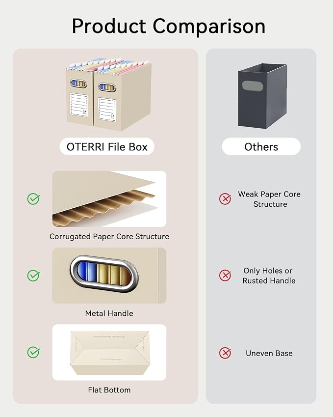 Oterri File Organizer Box, Portable Collapsible Cardboard File Folder Organizer with Handle for Letter Size Hanging Files, Document Storage Box for Home Office & Classroom (4 Packs, Beige)