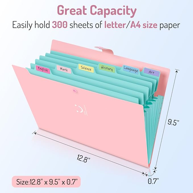 Forvencer Accordion File Organizer, Letter Size, 7 Pocket Expanding File Folder, Cute File Folder with Labels, Portable File Organizer for School Office Supplies, Folders for Documents, Jade