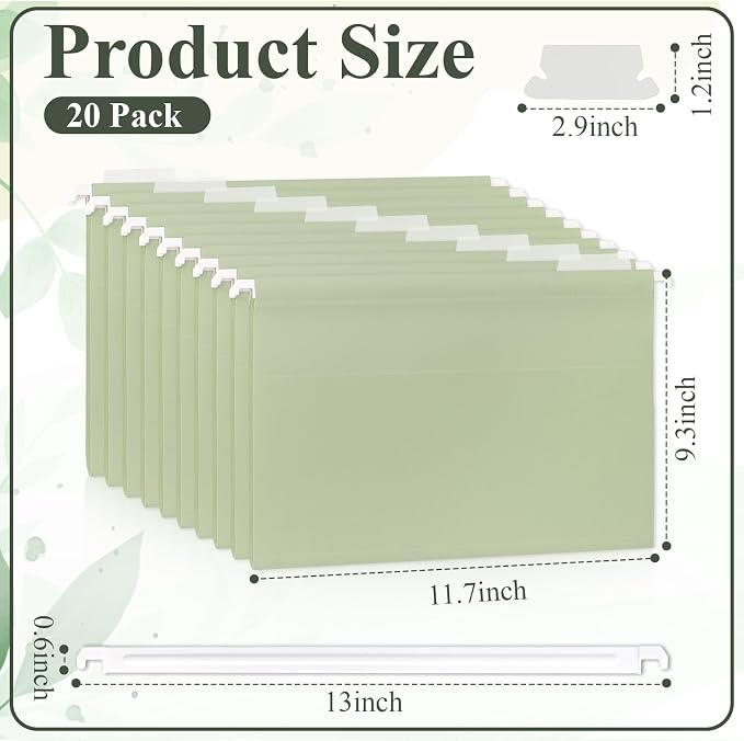 Letter Size Green Hanging File Folders Hanging Document Folder Plastic Transparent Hanging File Folder for File Cabinets Document Filing (20, Sage Green)