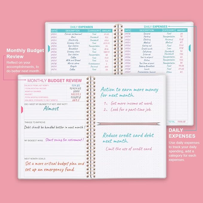 Budget Planner - Monthly Budget Book with Expense Tracker Notebook, Undated 12 Month Bill Organizer & Finance Planner to Manage Your Money, Account Book with Colorful Tabs, 8" x 9.5", Pink