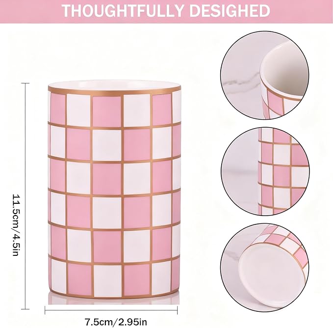 Ceramic Checkered Pen Holder For Desk,Cute Stand Black And White Pencil Cup,Durable Ceramic Pencil Cup, Decorative Makeup Brush Holder Cup, Stationery Holder for Office, School, Home (Pink)
