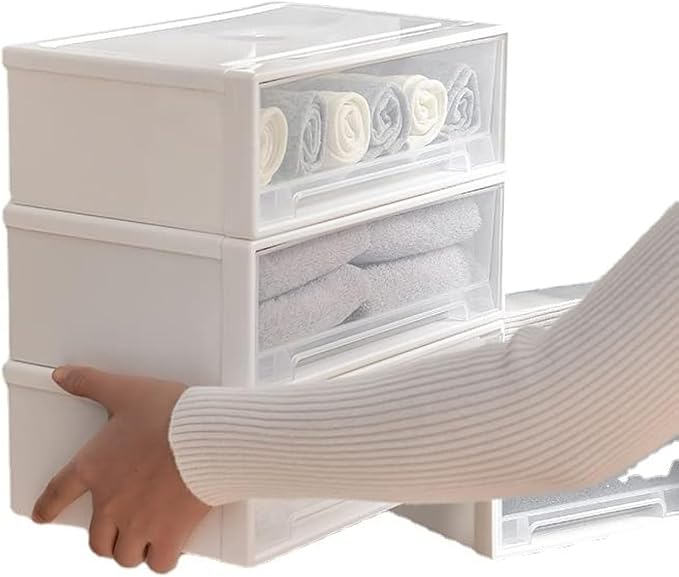 Set of 3 Stackable Storage Drawers, White Plastic Desk Storage Boxes for Dressing Table, Office Desk, TV Cabinet, Bathroom, Shoe Cabinet Storing Various Items