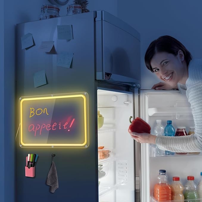Acrylic Magnetic White Board for Fridge with Neon Light,16"x12" Clear Fridge Memo Dry Erase Magnetic Whiteboard Planner Set for Refrigerator,Glass,Wood Wall,Office with 6 Colors Markers